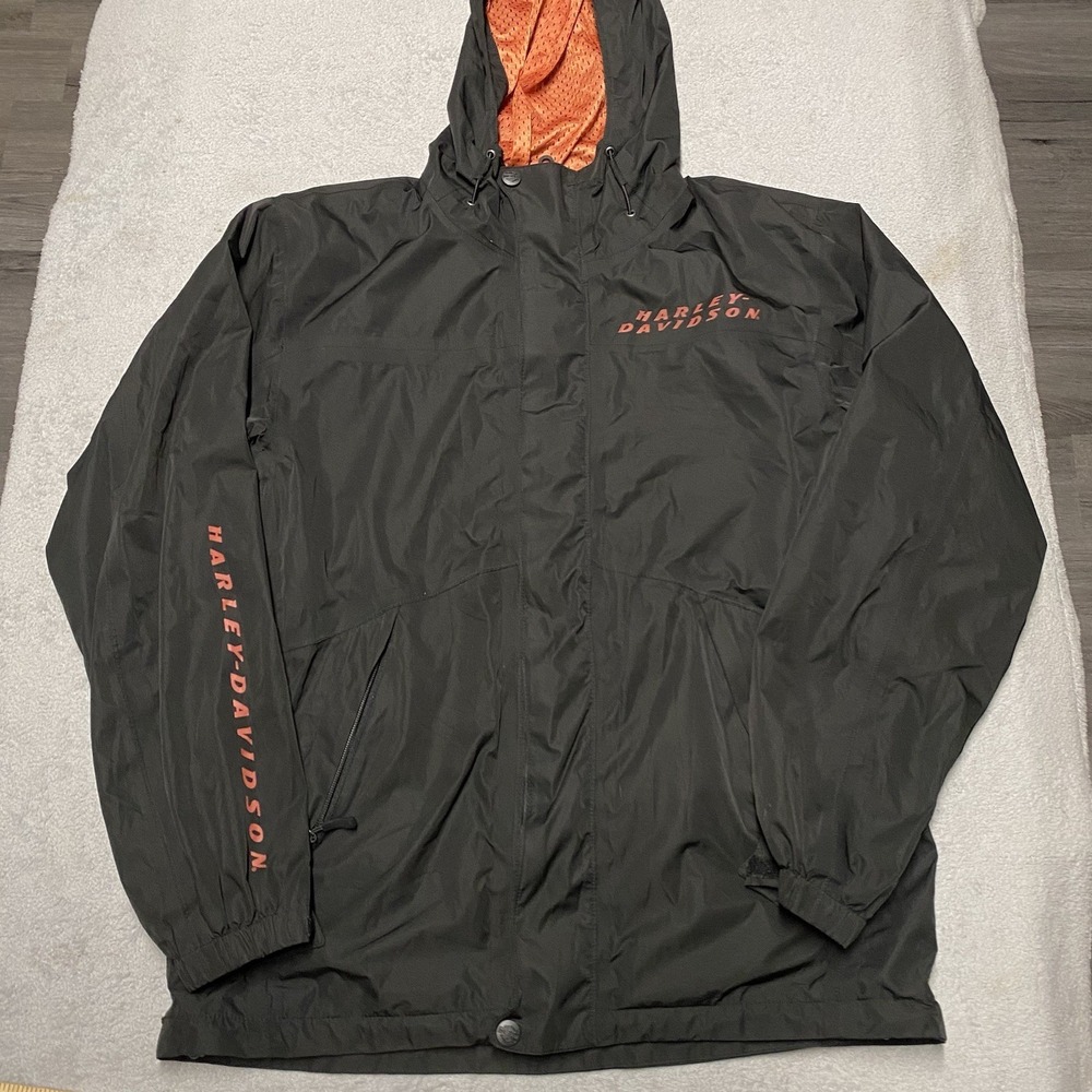 Harley Davidson Jacket Mens Medium Black Hooded Windbreaker Zip Logo